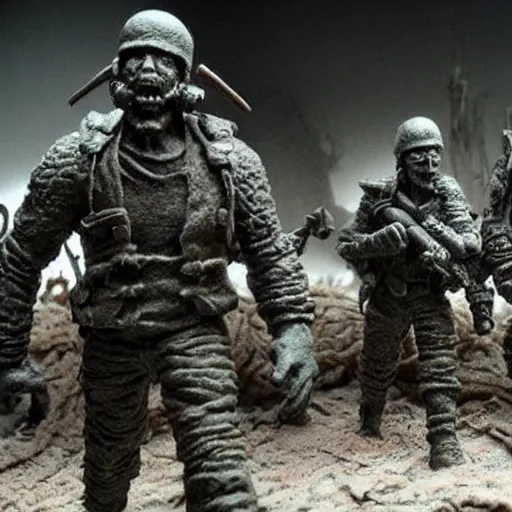 Image similar to the last war, extremely detailed claymation art, extremely realistic, dark, moody, foggy