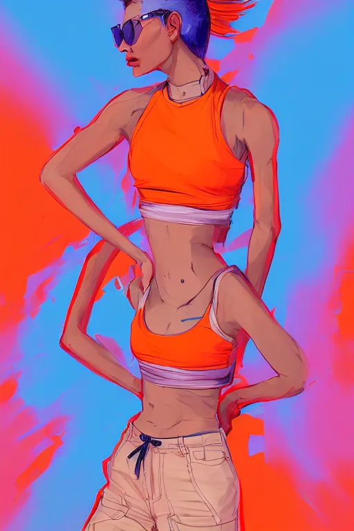 Prompt: a award winning half body portrait of a beautiful caucasian woman in a croptop and cargo pants with ombre orange blue teal hairstyle with head in motion and hair flying by will eisner, outrun, vaporware, digital art, trending on artstation, highly detailed, fine detail, intricate