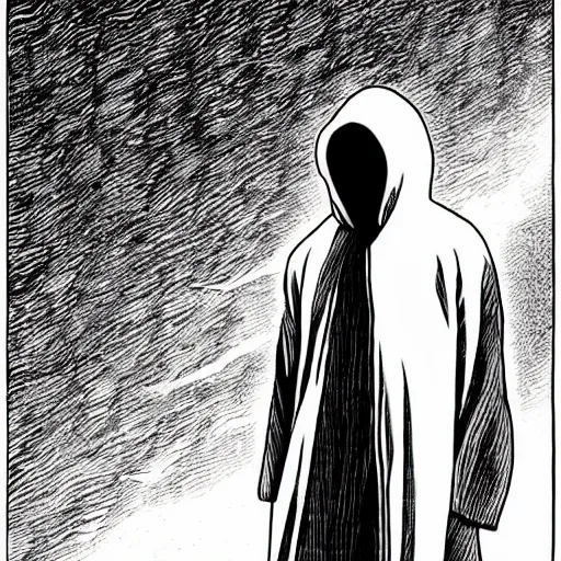 Image similar to hooded man, junji ito,