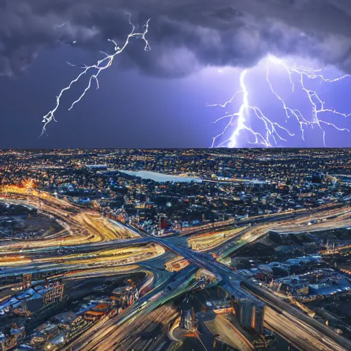 Image similar to detailed 4 k photorealistic aerial view, city, dynamic lightning, some car, some people, rain, from drone in the style of nick ut and eddie adams and margaret bourke and yousuf karshs and alfred eisenstaedt