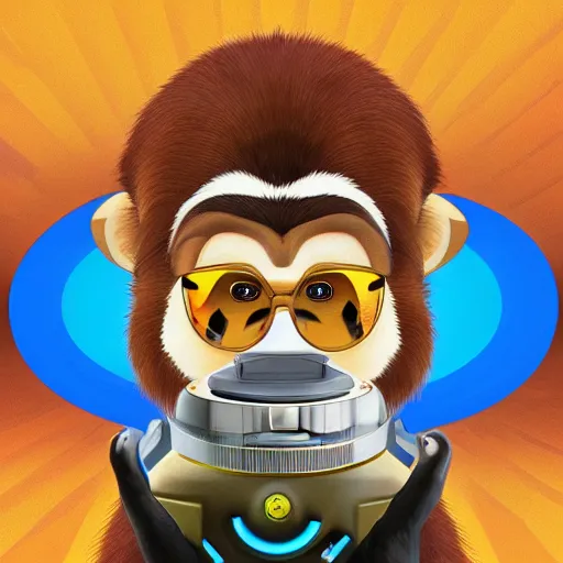 Image similar to “ logo and portrait of a monkey in the style of zootopia holding laser gun, with a black background, digital art, award winning, trending on art station, retro style ”