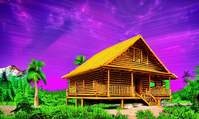 Image similar to golden log cabin in a vaporwave jungle, 4k, ultra realistic, award winning Photograph