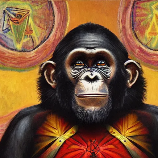 Image similar to portre of an autistic demonic chimpanzee on acid, masonic and kabalistic symbols in background, oil painting