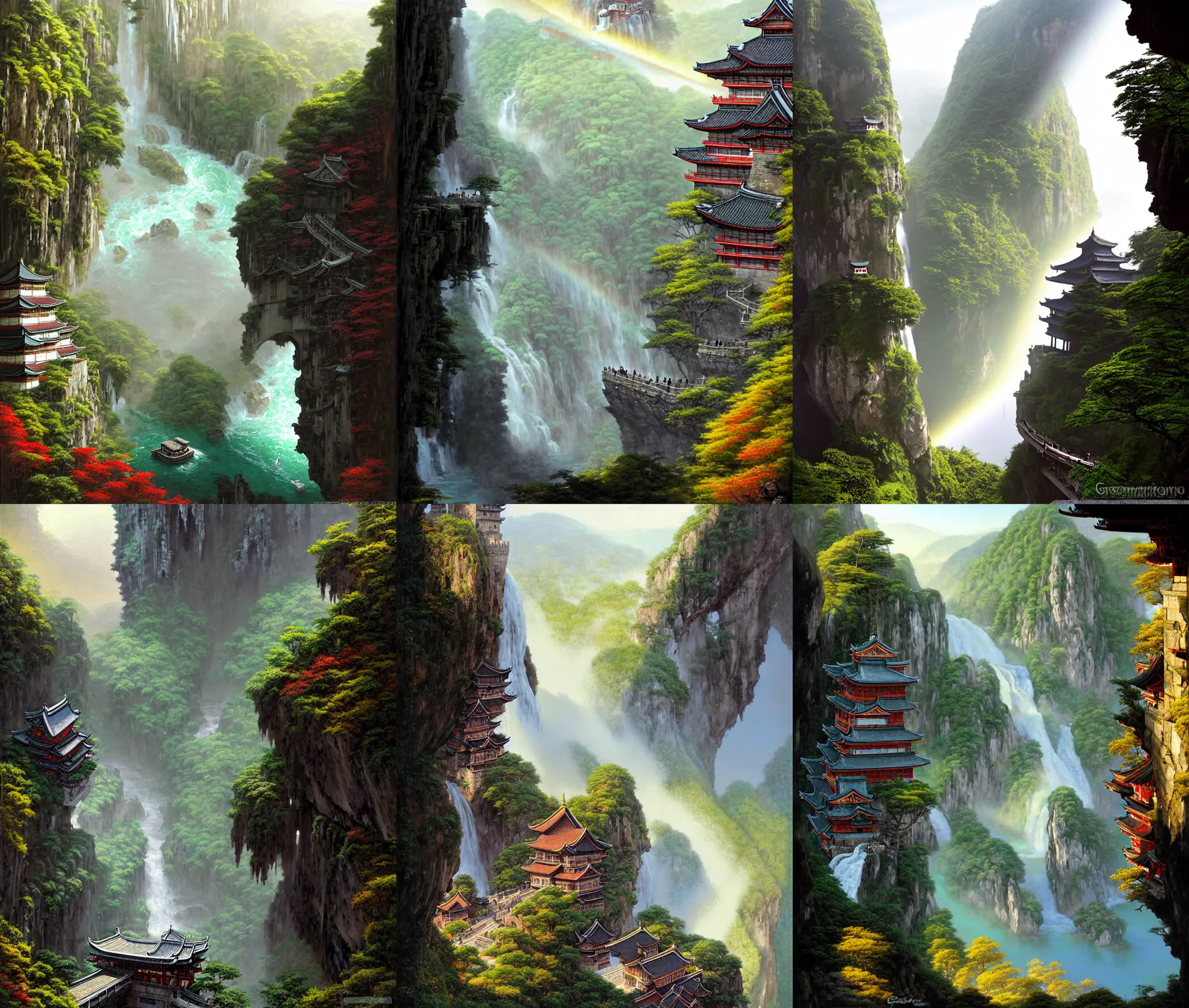 Prompt: establishing wide shot inside han son doong with waterfalls on either side of the cliff walls, at the top of the cliff is a japanese castle, a cloister is built into the cliff walls, an old suspension bridge spans the walls, sunny morning light, sunbeam, saturated colors, detailed concept art by greg rutkowski and gerald brom and canaletto and marc simonetti