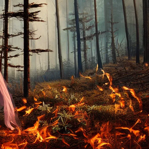 Prompt: A highly detailed matte painting of a Fae noblewoman in a burnt forest, octane render, 4K resolution, masterpiece