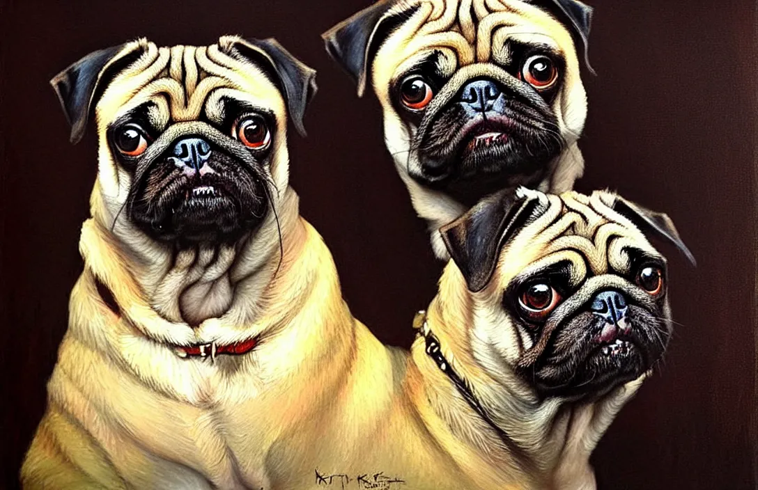 Image similar to portrait of a pug dog!!!!!!!!!!!!!!!!!!!!!!!!!!!, detailed face, detailed painting,, epic lighting, by ilya repin, phil hale and kent williams