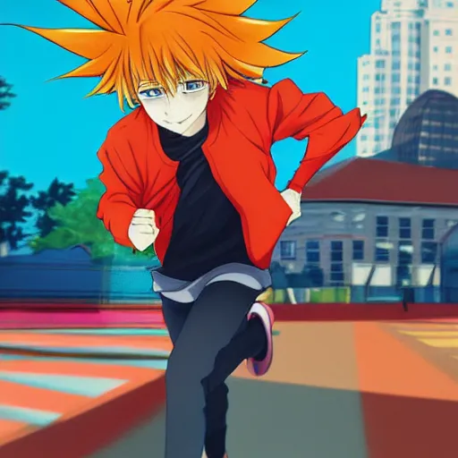 Image similar to orange - haired anime boy, 1 7 - year - old anime boy with wild spiky hair, wearing red jacket, running past colorful building, red - yellow - blue colored building, turquoise aquamarine windows, strong lighting, strong shadows, vivid hues, ultra - realistic, sharp details, subsurface scattering, intricate details, hd anime, 2 0 1 9 anime