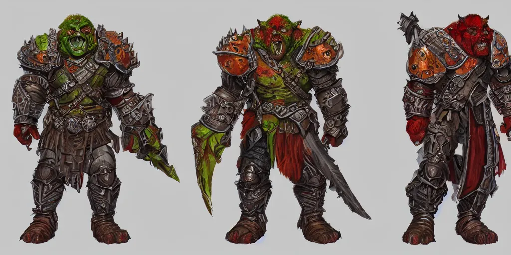 Image similar to different views of orcs in armour, colourful intricate!! concept art by senior character artist, trending on artstation, full body character design