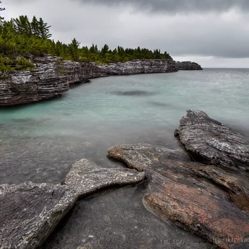 Image similar to rocky shore of the Bruce Peninsula on an overcast day, rain droplets falling in the water, 8k photo