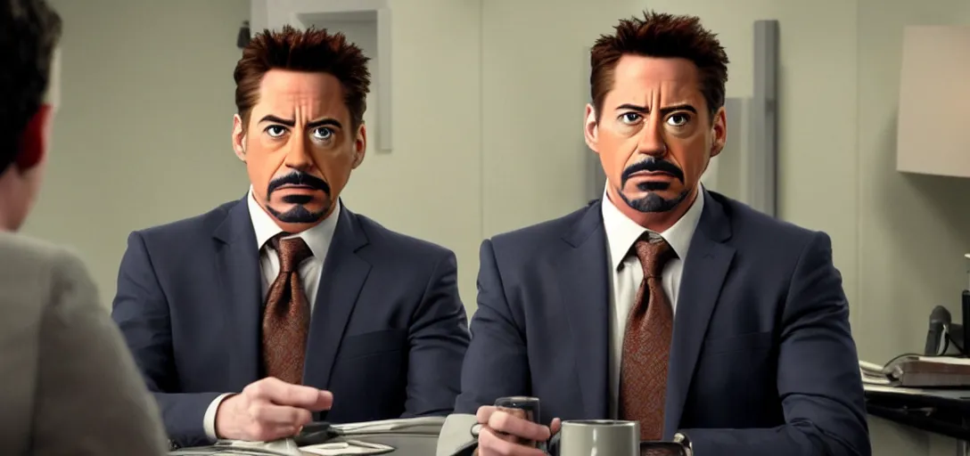 Image similar to a very high resolution image of tony stark. from an episode of the office with micheal scott. photorealistic, photography