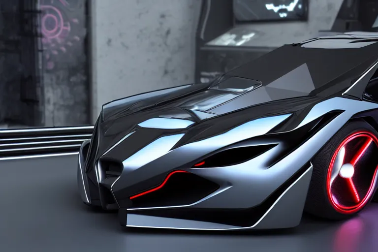 Image similar to cyberpunk batmobile concept inspired sports car, futuristic look, highly detailed body, very expensive, photorealistic camera shot, bright studio setting, studio lighting, crisp quality and light reflections, unreal engine 5 quality render