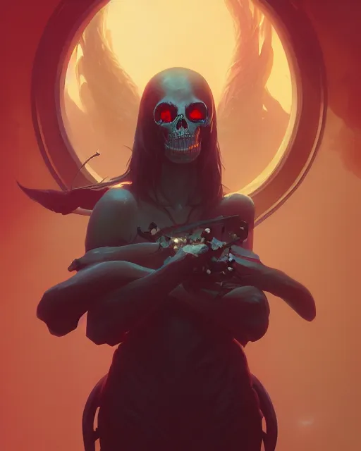 Image similar to highly detailed vfx portrait of death, unreal engine, greg rutkowski, loish, rhads, beeple, makoto shinkai and lois van baarle, ilya kuvshinov, rossdraws, tom bagshaw, alphonse mucha, global illumination, detailed and intricate environment