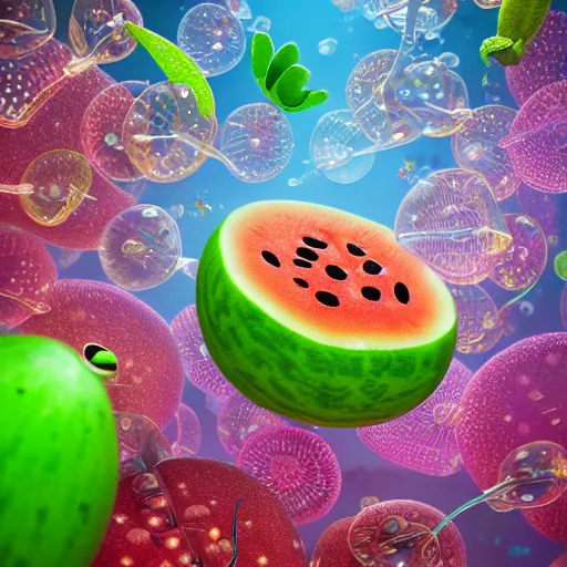 Prompt: tiny watermelon, floating, rbc, radiolaria, protophyta, micro - organisms, center frame, symmetric, rim light, marine microbiology, bioluminescence, electric, soft, concept art, intricate details, highly detailed, colorful, photorealistic, disney pixar, octane render, iridescent, anime, 8 k