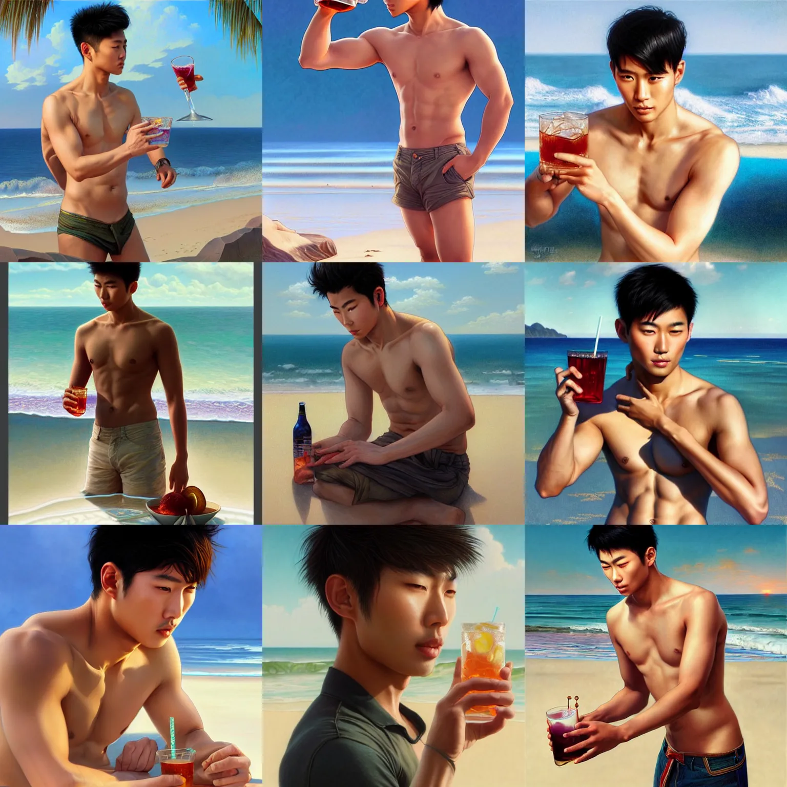 Prompt: ultra realistic illustration, asian male model on the beach with a drink, intricate, elegant, highly detailed, digital painting, artstation, concept art, smooth, sharp focus, illustration, art by artgerm and greg rutkowski and alphonse mucha