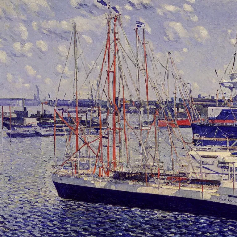 Image similar to a master gouache painting of a big ship docked at the harbor, central composition, shape obvious, sharp focus, very detaied, by gustave caillebottet