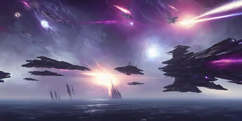 Prompt: A highly detailed Sci-Fi concept art matte oil painting set in space by Greg Rutkowski and Thomas Kinkade of an epic Space battle , Two massive capital ships firing at it each other ,while small fighter ships fly in formation ready to attack , deep space , dark and stars in the background , purple lazers, perspective , action shot . no mans sky game art