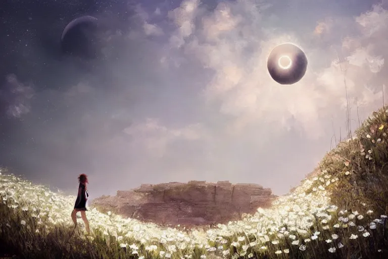 Image similar to giant white daisy flower head, girl walking on cliff, surreal photography, solar eclipse, milky way, dramatic light, impressionist painting, clouds, digital painting, artstation, james gilleard and liam wong and jeremy mann