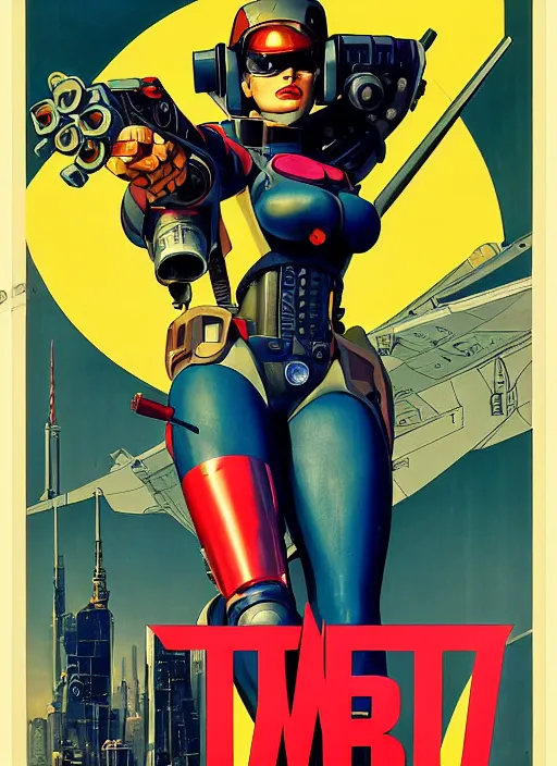 Image similar to american propaganda poster art. powerful cyberpunk pilot. portrait by jean giraud and anton otto fischer and john philip falter and will eisner and gil elvgren and pixar. full body. realistic proportions. science fiction d & d. overwatch, rb 6 s, cyberpunk 2 0 7 7, blade runner 2 0 4 9 concept art. cel shading. thick lines.