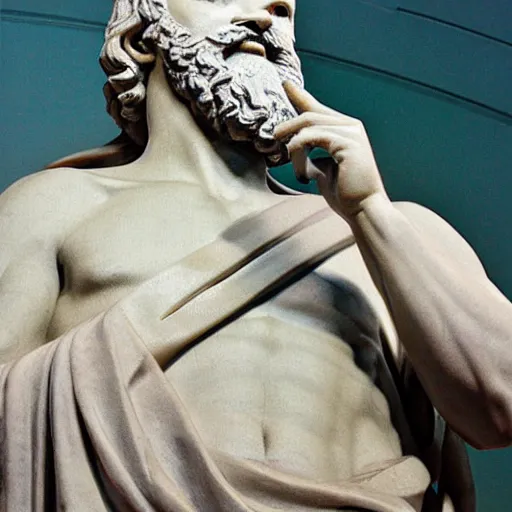 Prompt: a statue of socrates wearing a virtual reality headset looking up towards the stars, oil painting