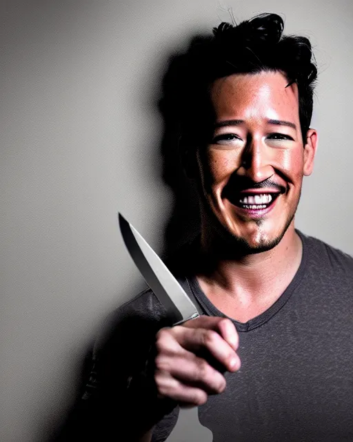 Prompt: markiplier holding a knife smiling in a dark hallway in a never ending warehouse | | epic - fine - clean, polished, trending on artstation, brush strokes