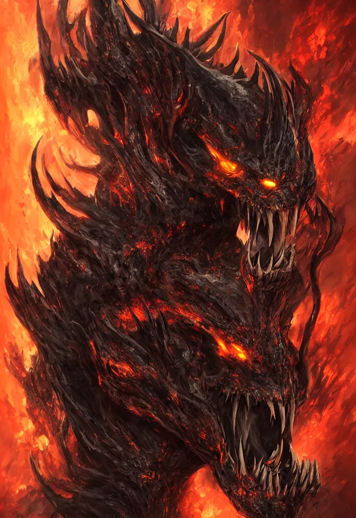 Image similar to a portrait of the predator as a gigantic version of itself as a demon in a fiery hell, eerie, dark, magical, fantasy, trending on artstation, digital art.