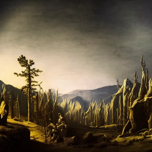 Prompt: epic masterpiece Bleak future forest night sky desert unholy, in the style of David Geddes, Jacques-Louis David, Caravaggio, Élisabeth Vigée Le Brun, dramatic lighting, establishing shot, detailed and clear beautiful realistic faces, 8k resolution – W 1024