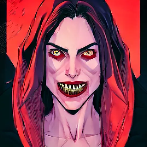 Prompt: Rafeal Albuquerque comic art, Joshua Middleton comic art, pretty Phoebe Tonkin vampire sharp teeth, fully red eyes no pupils, razor sharp teeth open mouth evil smile, horror, symmetrical face, symmetrical eyes, pretty white dress, short black hair, full body:: snow outside::