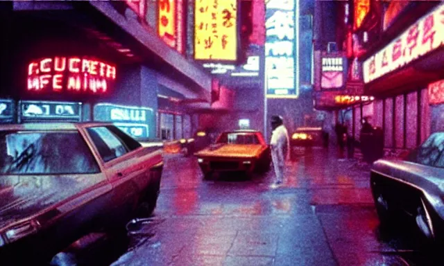 Prompt: full - color cinematic movie still from the 1 9 8 2 anime - adaptation of blade runner. science - fiction ; action ; neon ; gritty ; dystopian ; detective mystery.