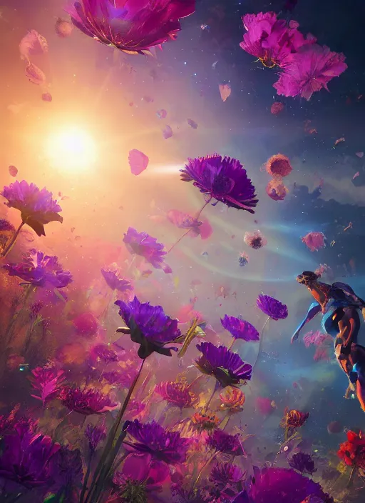 Image similar to An epic fantastic realism comic book style painting of the most beautiful flowers launched into space, bouquets, fisheye lens, unreal 5, DAZ, hyperrealistic, octane render, dynamic lighting