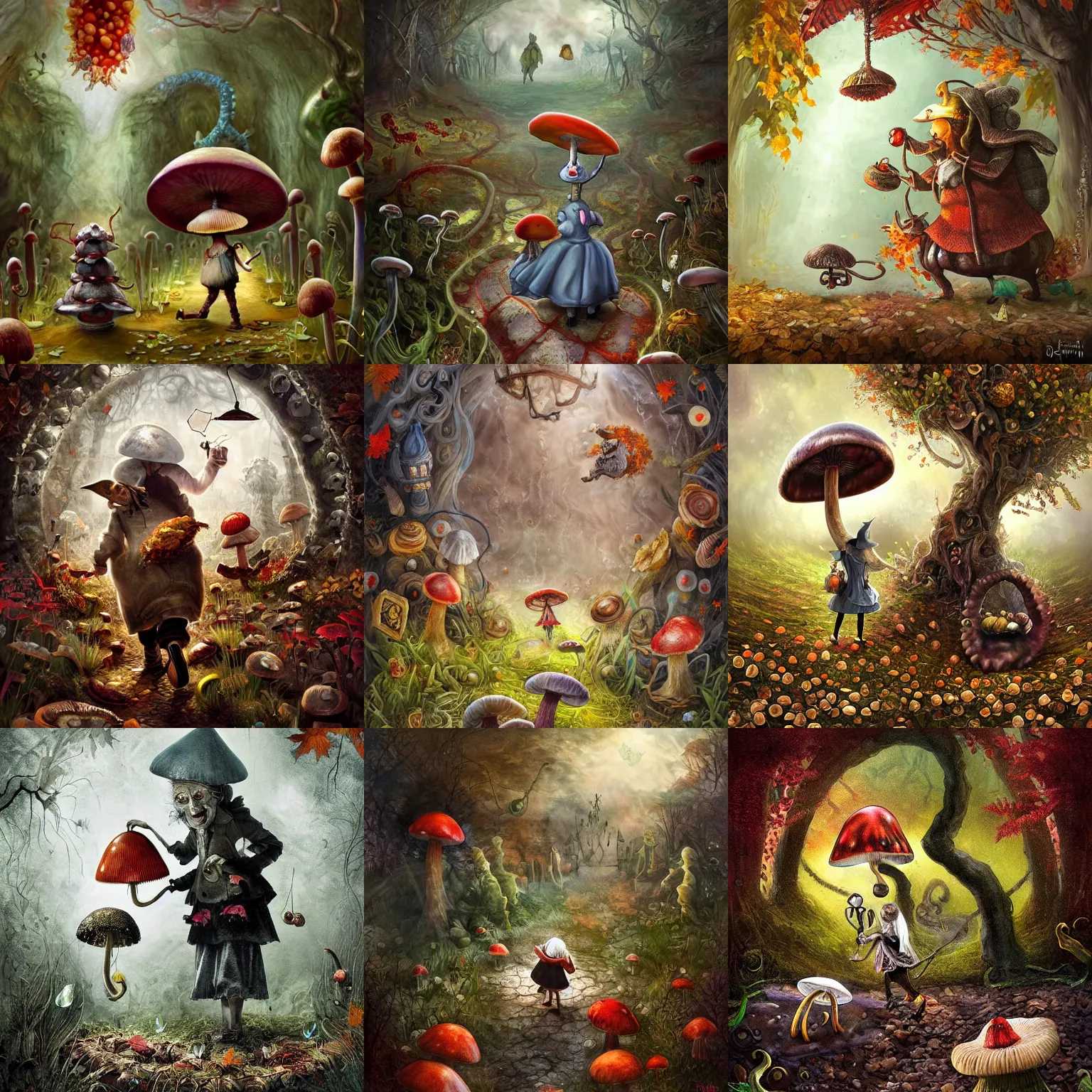 Prompt: Hell and heaven, captured in bottles, an elderly mushroom walking their pet snail, The Autumn Plague Gardener, the theme of Alice in Wonderland, digital painting, its softness partakes of fluidity, illustration, deep dark, artstation, intricate, biodiversity in a world of change and constancy, ue5, by deiv calviz and bossmonsterbani
