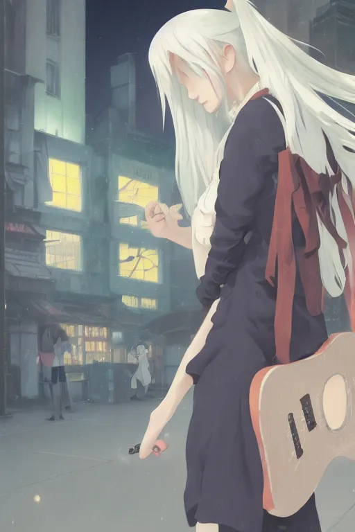 Prompt: a white haired girl with a guitar on her back shopping at a convenience store at night, grey and dark theme, s line, 4 5 angel by krenz cushart and mucha and makoto shinkai, 4 k resolution