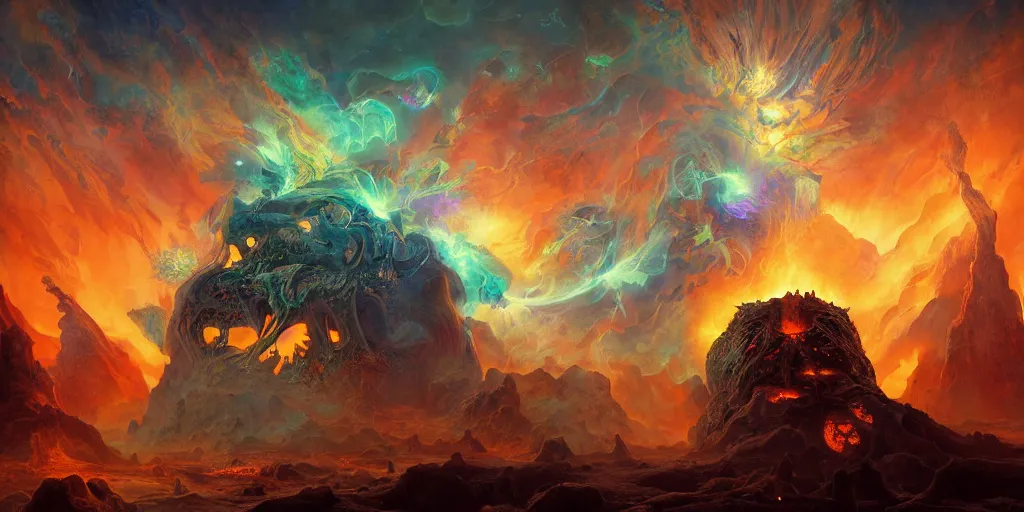 Image similar to gigantic demonic cosmic skull of death and fire, outer space, fantasy painting, ultra realistic, dmt, symmetrical, wide angle, intricate details, digital painting, rainbowshift, vivid colors, highly detailed by peter mohrbacher, h. r. giger, maxfield parrish, craig mullins, octane render, cgi