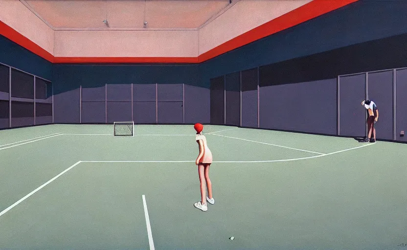 Prompt: Inside an empty tennis court, very coherent, painted by Edward Hopper, Wayne Barlowe, painted by James Gilleard, airbrush, art by JamesJean