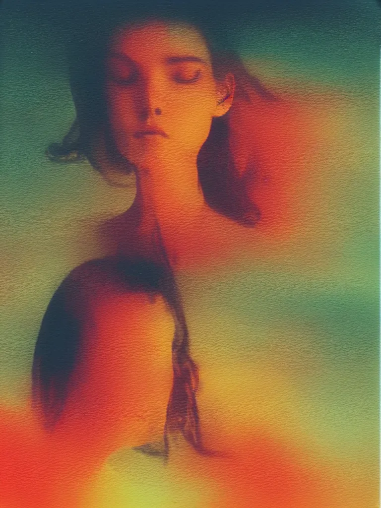 Image similar to a woman's face in the water, serene emotion, new polaroid, glitchy patterns, hazy, red, orange, yellow, soft lighting