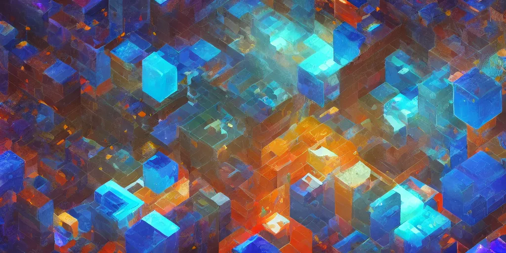 Prompt: inside an ancient blue brick room with cubes of glass where you can see colorful stars in space through them floating around, digital painting, concept art, cinematic 4 k