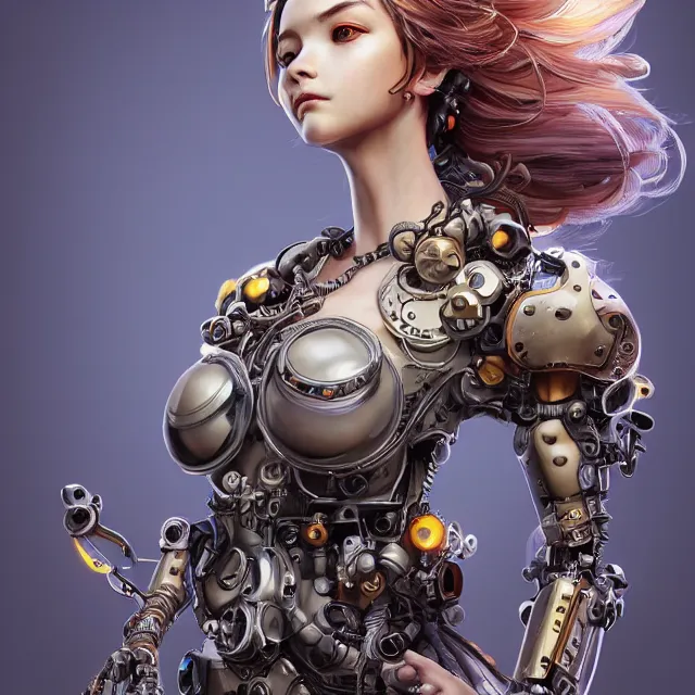 Image similar to the portrait of true neutral semi - colorful female cyborg mechanist as absurdly beautiful, gorgeous, elegant, young woman looking up, an ultrafine hyperdetailed illustration by kim jung gi, irakli nadar, intricate linework, bright colors, octopath traveler, final fantasy, unreal engine 5 highly rendered, global illumination, radiant light, detailed and intricate environment