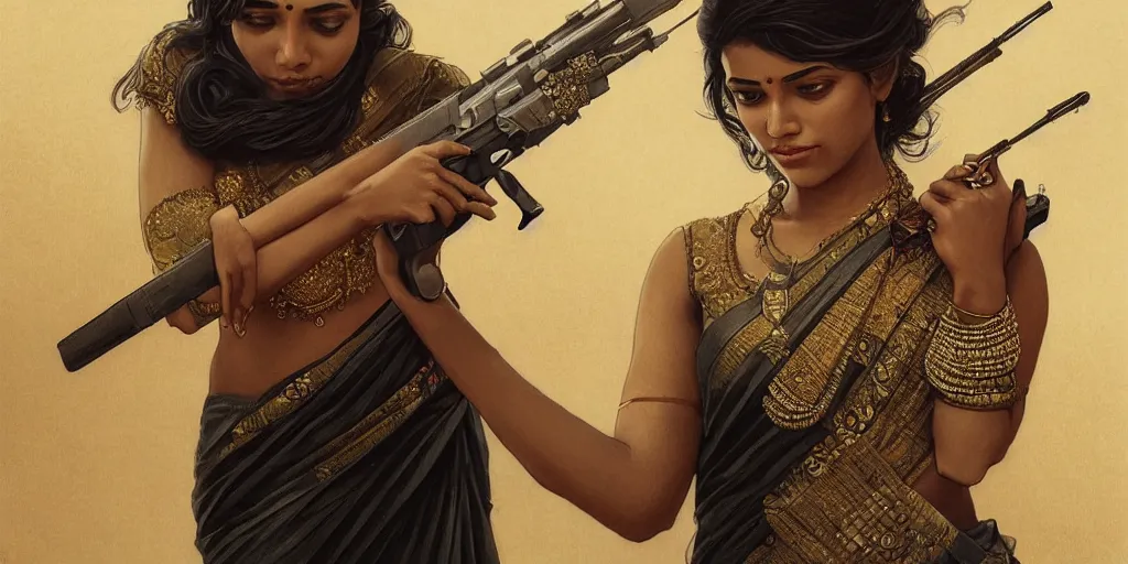 Prompt: sri lankan girl in a saree with a gun, intricate, elegant, highly detailed, digital painting, artstation, concept art, smooth, sharp focus, illustration, art by artgerm and greg rutkowski and alphonse mucha