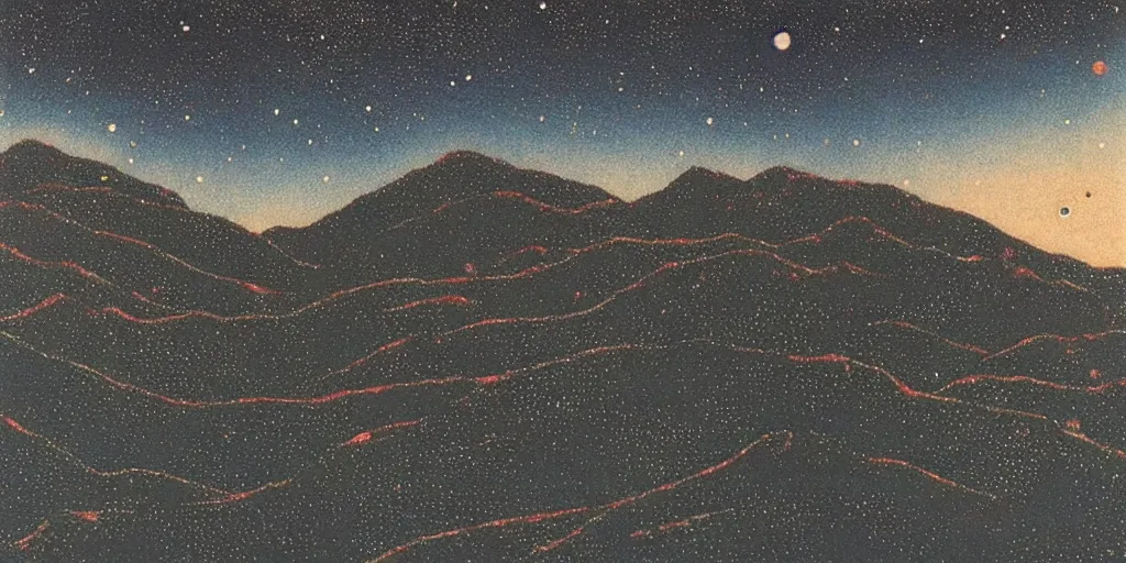 Prompt: stunning cold mountain landscape with sky full of galaxies by takato yamamoto