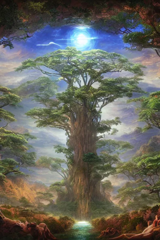 Prompt: tree of life, four seasons, volymetric light, highly detailed matte painting by noriyoshi ohrai, charlie bowater and mark brooks