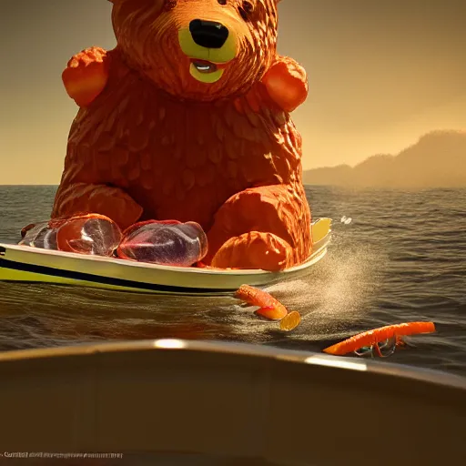 Image similar to life - sized gummi bear is deep sea fishing in a sportfisherman boat. he is fishing for swedish fish candy and using gummi worm candy as bait. photorealistic digital art, epic fantasy, dramatic lighting, cinematic, extremely high detail, cinematic lighting, trending, artstation, cgsociety, 3 d ue 5, 4 k, hq