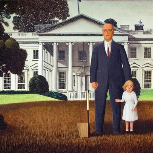 Image similar to an oil painting of a farmer standing beside his daughter in front of a white house. The woman wears a colonial print apron. The man wears overalls covered by a dark suit jacket and he carries a pitchfork. By Grant Wood, 1930.