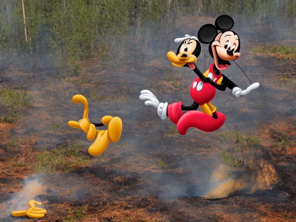 Image similar to disney's goofy trying to put out a wildfire somewhere in southern finland, smoky, ashes