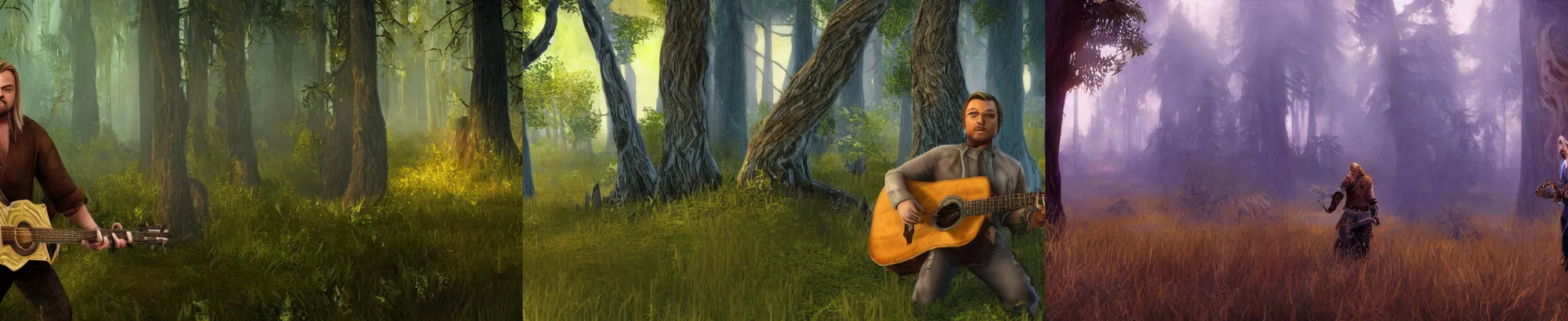 Prompt: alone leonardo dicaprio with blonde hair playing guitar inside of warcraft elwynn forest, pc screen image.