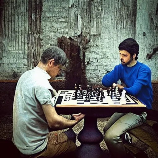 Prompt: “last two people on earth, playing chess, apocalypse”