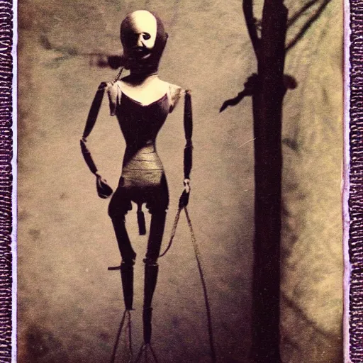 Prompt: female, unnerving, eerie, creepy marionette puppet, horrific, unnerving, clockwork horror, pediophobia, lost photograph, dark, forgotten, final photo found before disaster, polaroid,