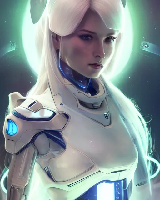 Image similar to perfect android girl on a mothership, warframe armor, beautiful face, scifi, futuristic, galaxy, nebula, raytracing, dreamy, long white hair, blue cyborg eyes, sharp focus, cinematic lighting, highly detailed, artstation, divine, by gauthier leblanc, kazuya takahashi, huifeng huang