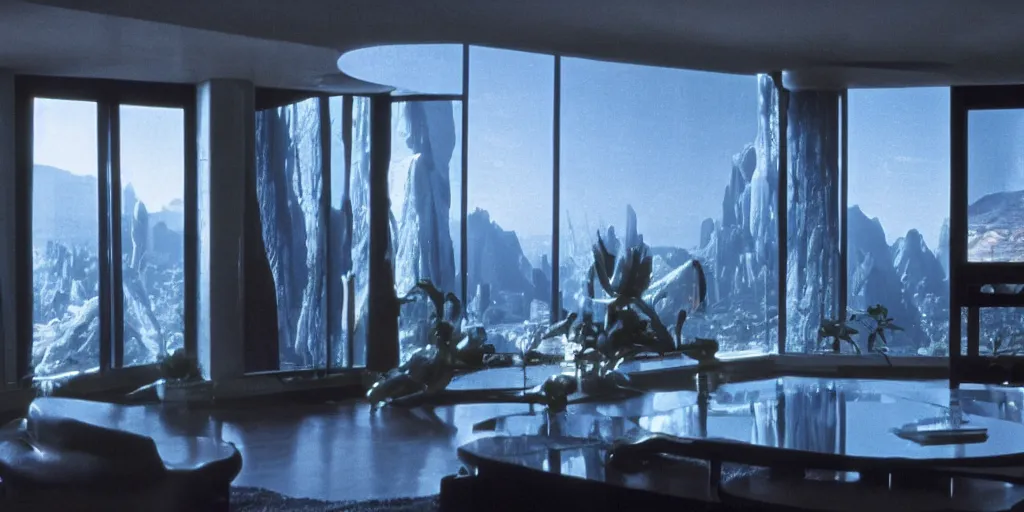 Prompt: a luxury apartment with large windows, 1 9 8 0 s science fiction, windows overlooking an alien blue cactus jungle landscape, sci - fi film still, screenshot from a science fiction movie, ridley scott,