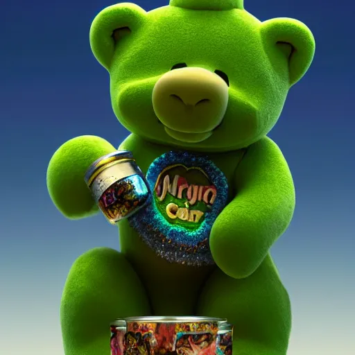 Image similar to hyperrealistic dslr film still of a care bear with marijuana emblem on belly, stunning 8 k octane comprehensive 3 d render, inspired by istvan sandorfi & greg rutkowski & unreal engine, perfect symmetry, dim volumetric cinematic lighting, extremely hyper - detailed, extremely lifelike attributes & texture, intricate, masterpiece, artstation, stunning