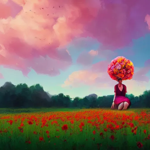 Image similar to giant rose flower head, full body girl sitting in a flower field, surreal photography, sunrise, dramatic light, impressionist painting, colorful clouds, digital painting, artstation, simon stalenhag