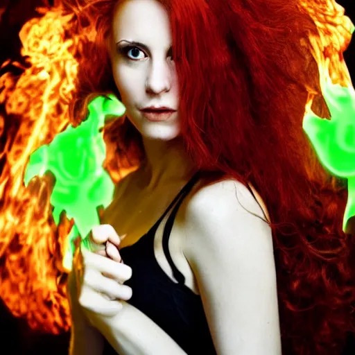 Image similar to portrait of a woman with long red hair and green eyes, flames swirl behind her
